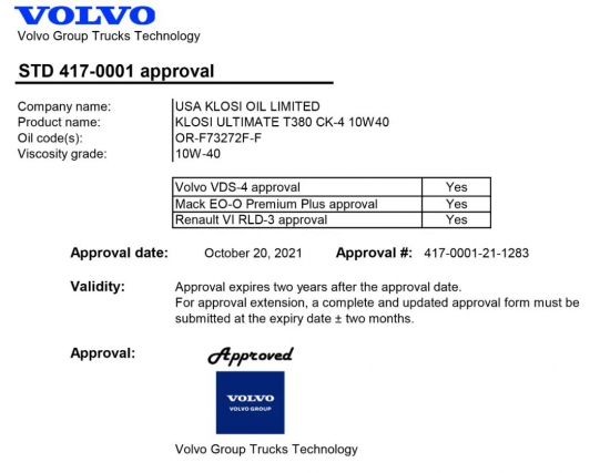 克勞斯KLOSI商用車機(jī)油獲得VOLVO沃爾沃認(rèn)證