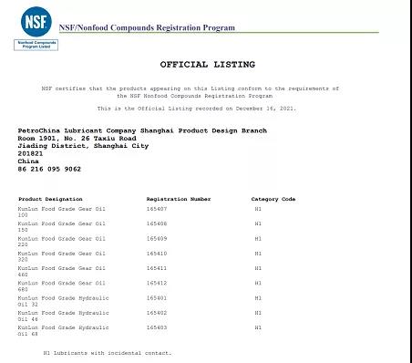 昆侖食品級液壓油、齒輪油獲得國際認證公司NSF-H1食品級產品注冊